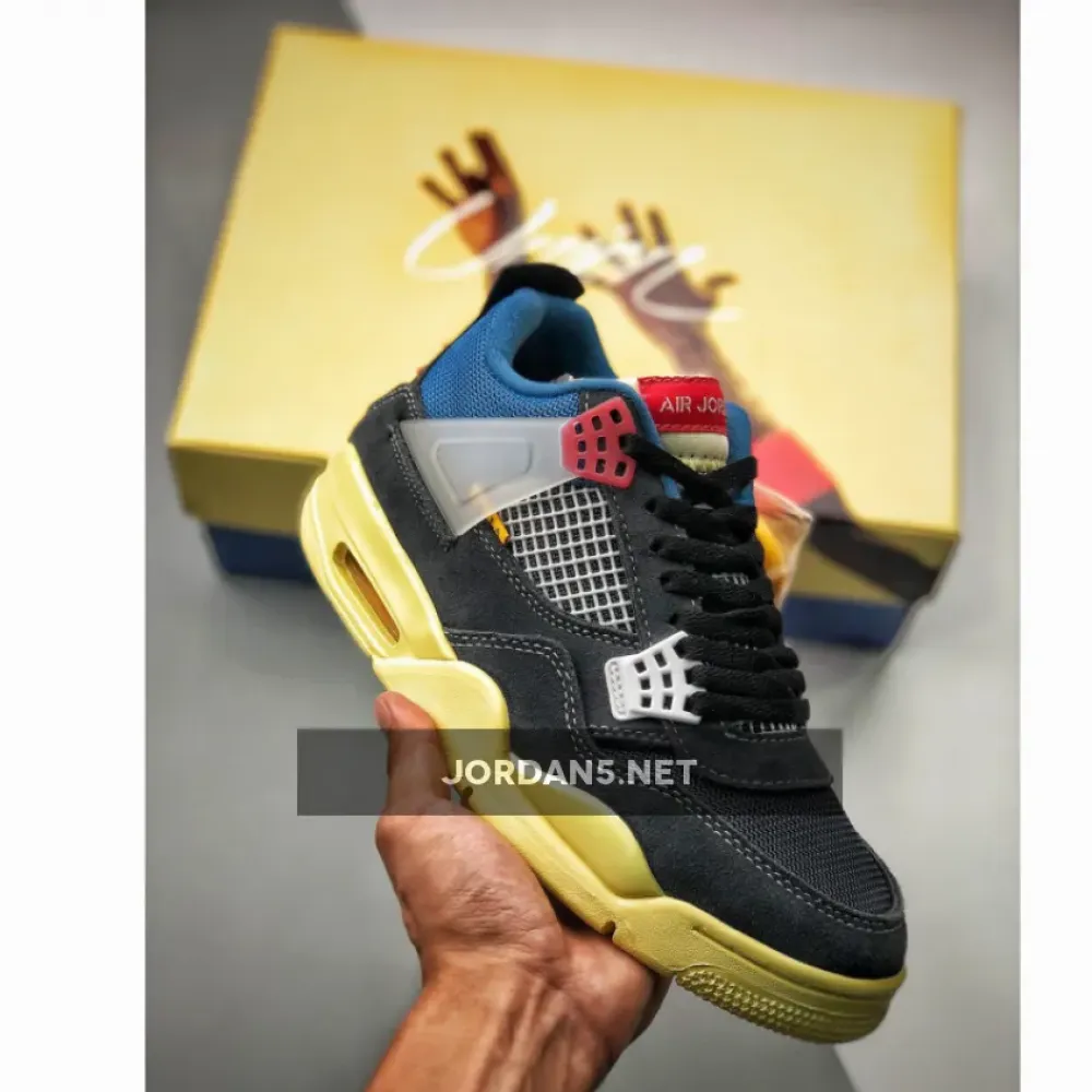 Union x Air Jordan 4 Off Noir/Brigade Blue-Dark Smoke Grey-Light Fusion Red