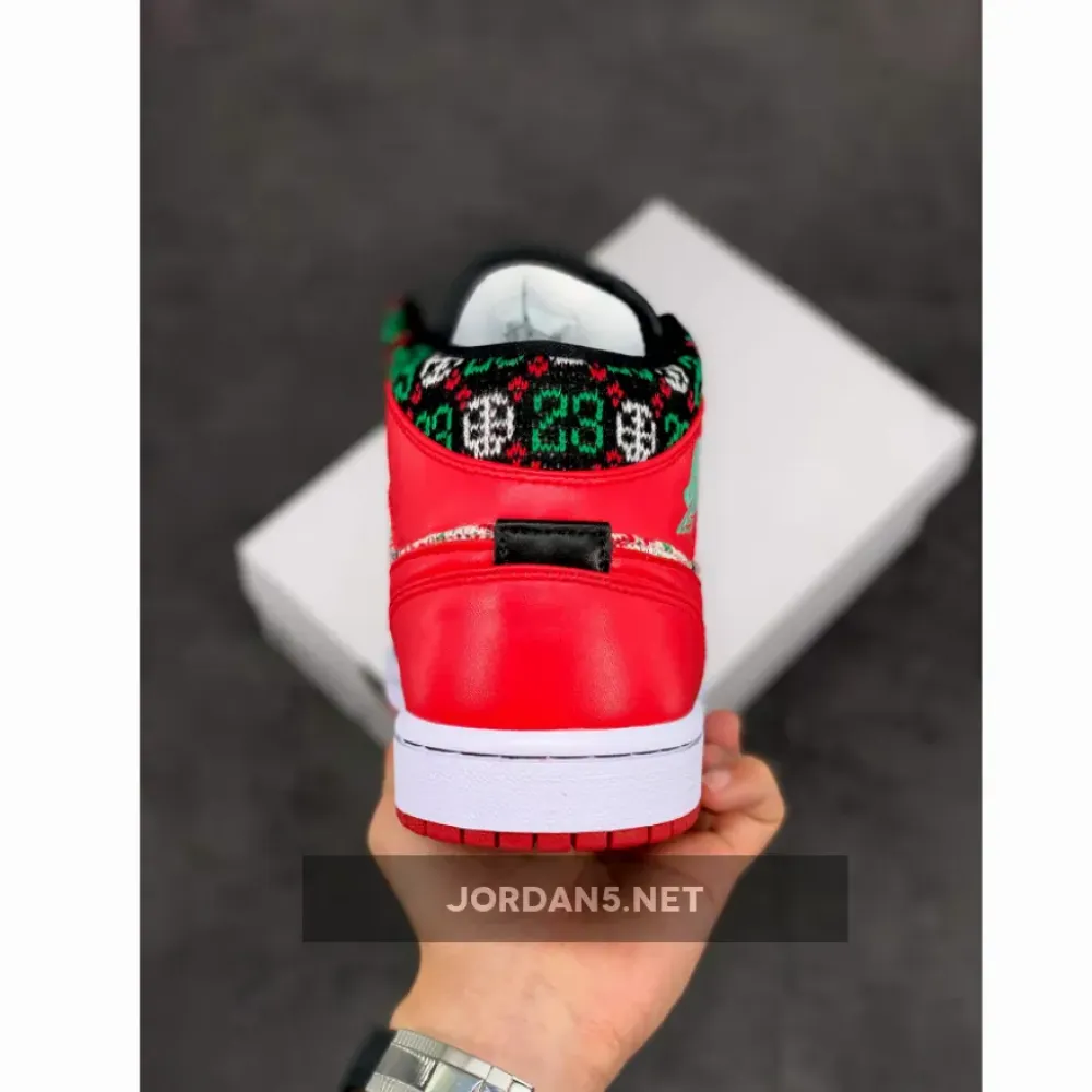 Air Jordan 1 Mid “Christmas Sweater” White/Black-Roma Green-University Red DM1208-150